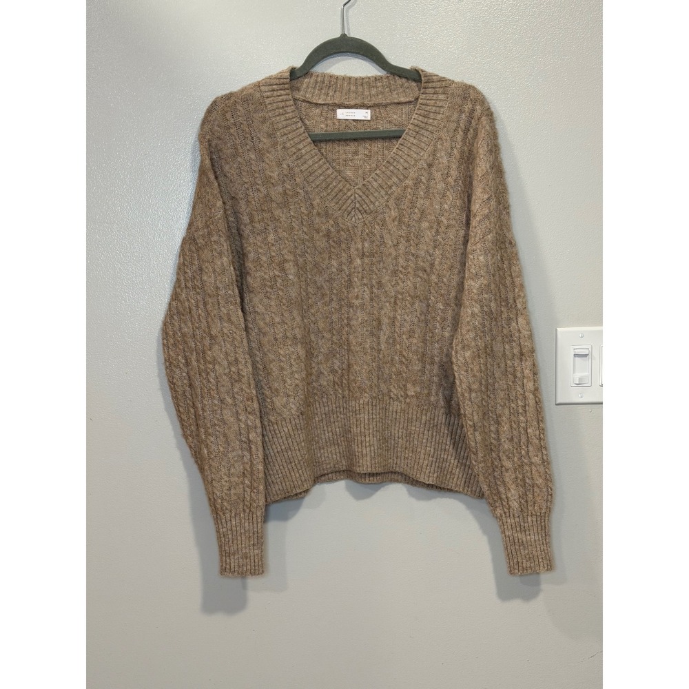 LC Lauren Conrad Tan Cable Knit V-Neck Sweater Soft Lightweight Marl Medium